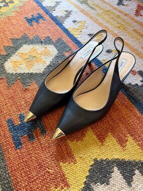 Marella Papero Black Leather Gold Cap Toe Slingback Kitten Heels EU 40